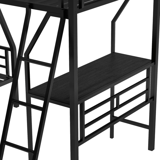 Twin over Full Bunk Bed with a Twin Size Loft Bed attached, with a Desk, Metal, Black