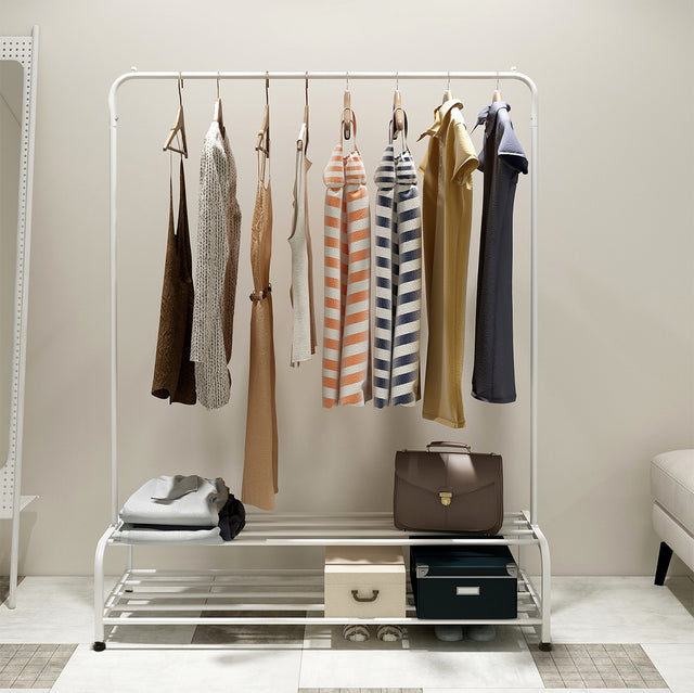 Clothing Garment Rack with Shelves, Metal Cloth Hanger Rack Stand Clothes Drying Rack for Hanging Clothes,with Top Rod Organizer Shirt Towel Rack and Lower Storage Shelf for Boxes Shoes Boots, White