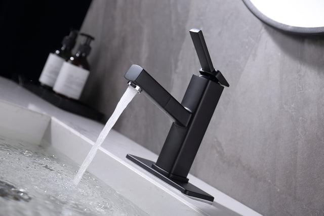 Bathroom Sink Faucet with Pull Out Sprayer, Single Handle Basin Mixer Tap for Hot and Cold Water, Lavatory Pull Down Vessel Sink Faucet with Rotating Spout