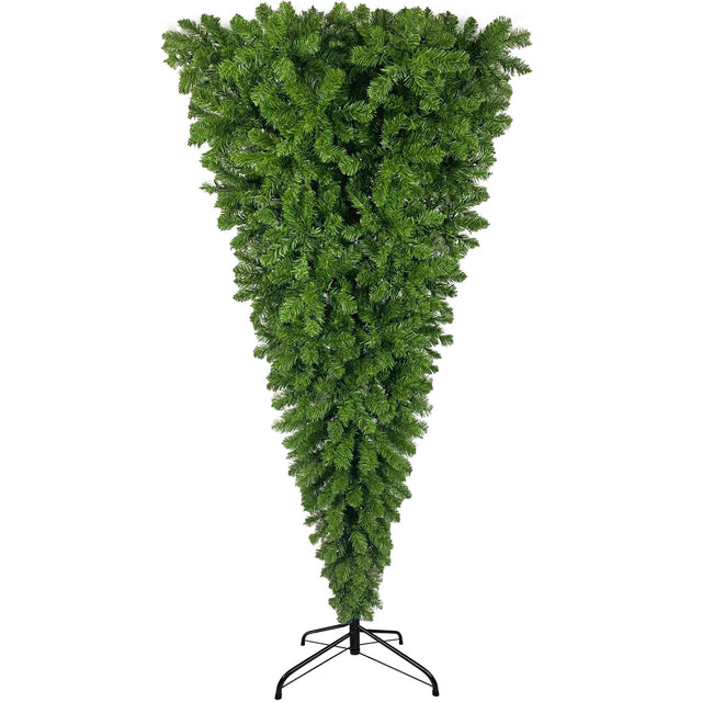 Upside Down Green Christmas Tree, Xmas Tree with LED Warm White Lights, Reinforced Metal Base & Easy Assembly 6ft, w/1,000 Lush Branch Tips, 360 LED Lights X-mas