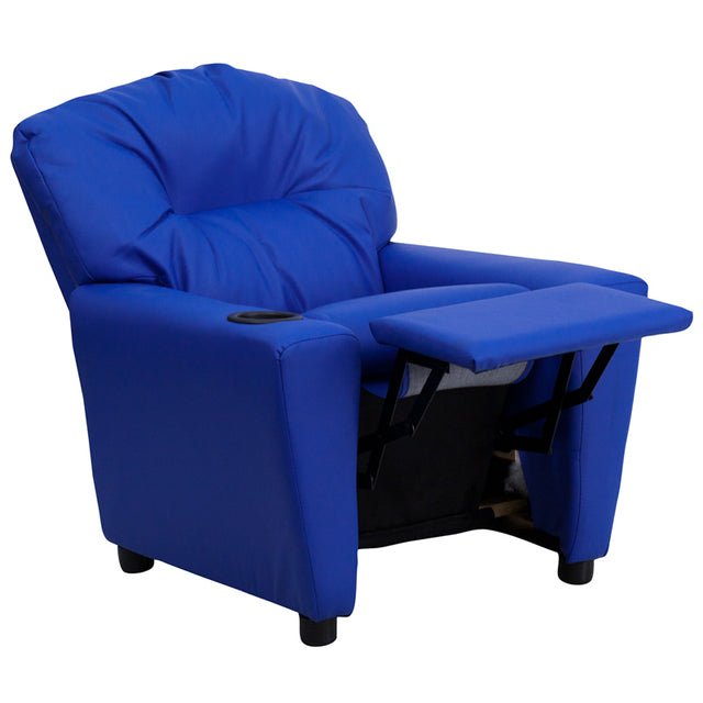 Contemporary Blue Vinyl Kids Recliner with Cup Holder