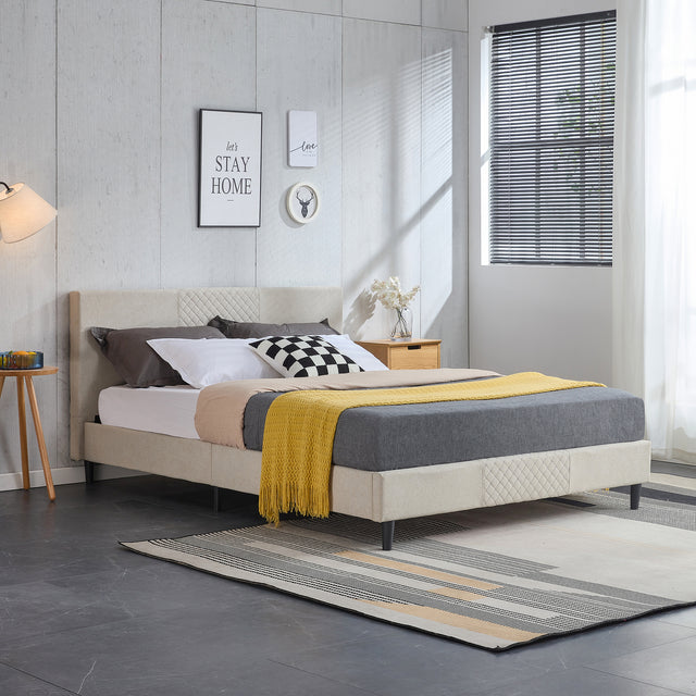 Full Size Platform Bed Frame with Fabric Upholstered Headboard and Wooden Slats Support, Fully Upholstered Mattress Foundation/No Box Spring Needed/Easy Assembly, Beige