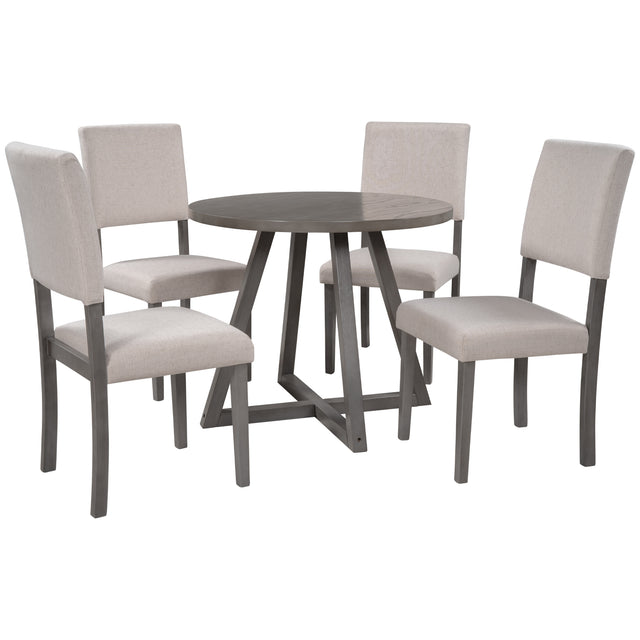 TOPMAX Mid-Century Wood  5-Piece Kitchen Dining Table Set with Round Table, 4 Upholstered Dining Chairs for Small Places, Gray Table + Beige Chair