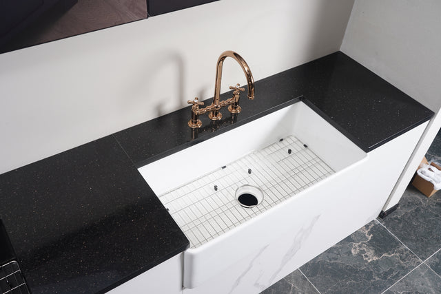 Fireclay Farmhouse Kitchen Sink 33 inch  Apron Sink Single Bowl  Farm Sink with Bottom Grid in & Drain , White Color