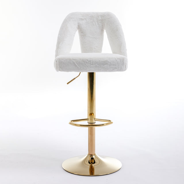 Golden Swivel Velvet Barstools Adjusatble Seat Height from 25-33 Inch, Modern Bar Stool & Counter Stools with Nailheads for Home Pub and Kitchen Island,Set of 2, Faux White Rabbit Hair