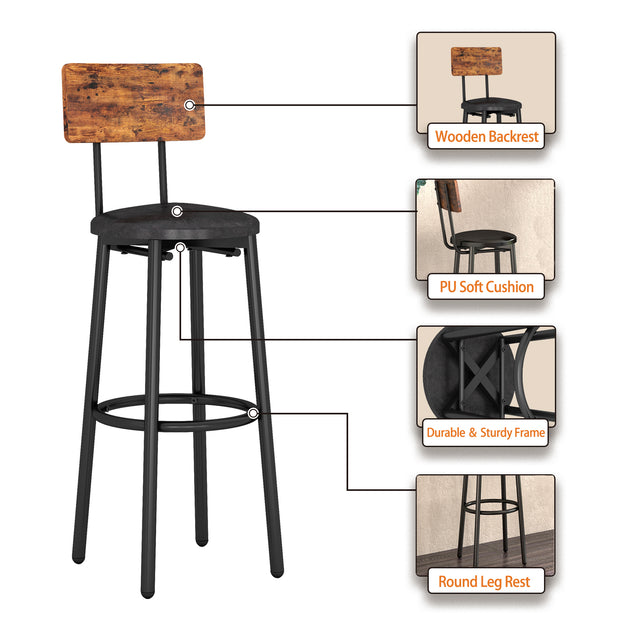 Bar Table Set with 4 Bar stools PU Soft seat with backrest, Rustic Brown, 47.24'' L x 23.62'' W x 35.43'' H.