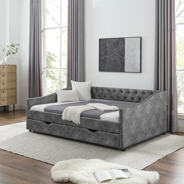 Full Size Daybed with Drawers Upholstered Tufted Sofa Bed, with Button on Back and Copper Nail on Waved Shape Arms，Grey（80.5“x55.5”x27.5“）
