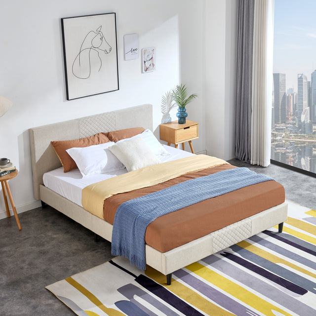 Full Size Platform Bed Frame with Fabric Upholstered Headboard and Wooden Slats Support, Fully Upholstered Mattress Foundation/No Box Spring Needed/Easy Assembly, Beige