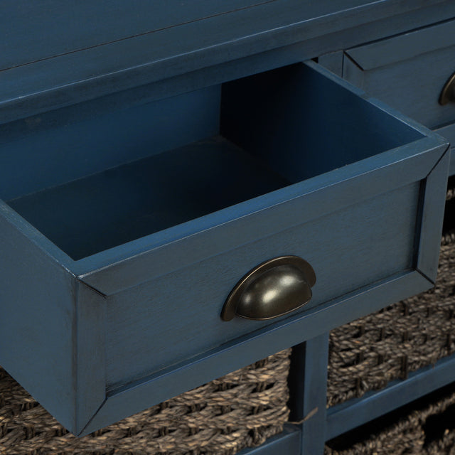 TREXM Rustic Storage Cabinet with Two Drawers and Four  Classic Rattan Basket for Dining Room/Entryway/Living Room (Antique Navy)