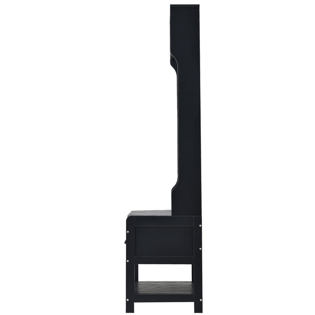 U-Can Hall Tree with 4 Hooks and Hinged Lid, Coat Hanger, Entryway Bench, Storage Bench, 3-in-1 Design, 69INCH, for Entrance, Hallway (Black)