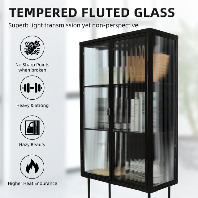 Retro Style Fluted Glass High Cabinet Storage Dual Doors Three Detachable Wide Shelves Enclosed Dust-free Storage for Living Room Bathroom Dining Room Kitchen Room Entryway,BLACK (OLD SKU:W68734128)