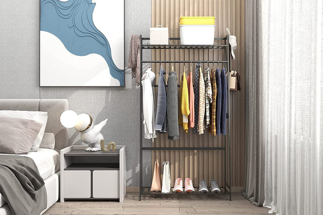 Clothes Rack,Clothing Rack with Shelves,Freestanding Closet Organizer for Living Bedroom Room Kitchen Bathroom Entryway Office Storage Shelves Clothes Hanging Rack,CR-537 Black