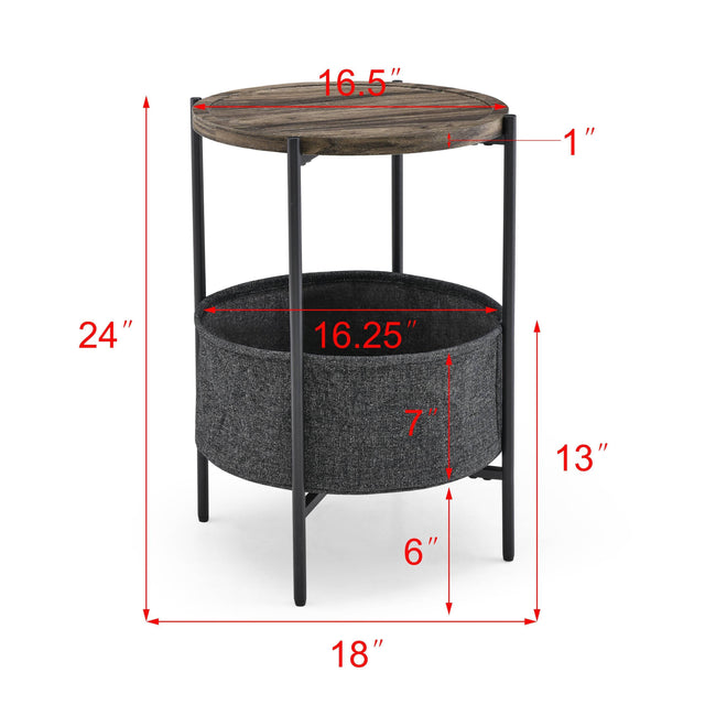 Modern Accent End Table with Storage Basket，Grey Cloth Bag and Brown Top （18“x18”x24“）