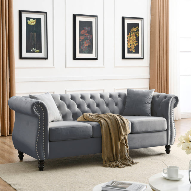 [Video] 80" Chesterfield Sofa Grey Velvet for Living Room, 3 Seater Sofa Tufted Couch with Rolled Arms and Nailhead for Living Room, Bedroom, Office, Apartment, two pillows