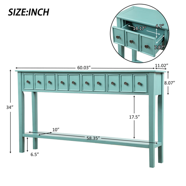 TREXM Rustic Entryway Console Table, 60" Long Sofa Table with two Different Size Drawers and Bottom Shelf for Storage (Blue)