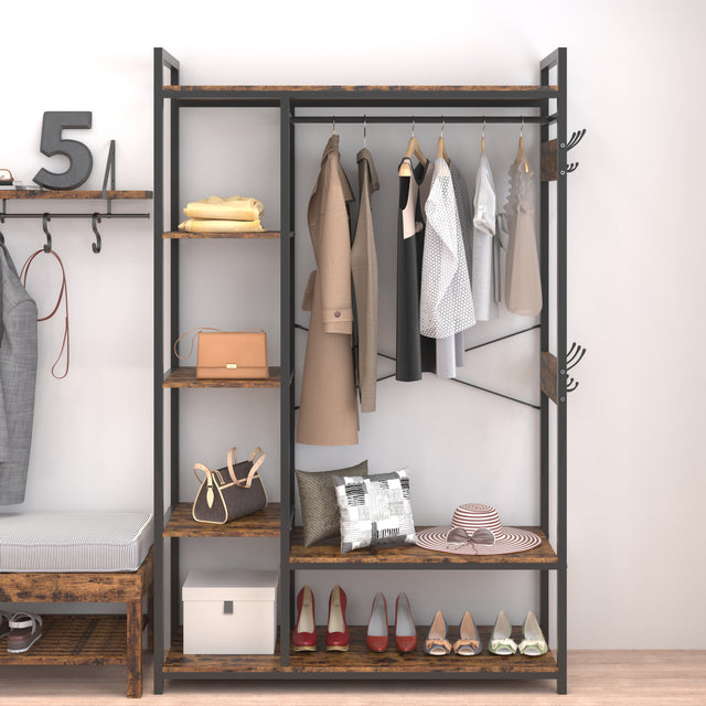 JHX Organized Garment Rack with Storage, Free-Standing Closet System with Open Shelves and Hanging Rod(Rustic Brown,45.3’’w x 15.75’’d x 70.08’’h).