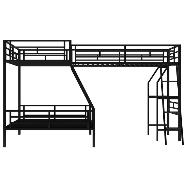 Twin over Full Bunk Bed with a Twin Size Loft Bed attached, with a Desk, Metal, Black