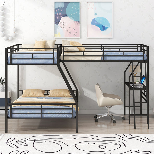 Twin over Full Bunk Bed with a Twin Size Loft Bed attached, with a Desk, Metal, Black