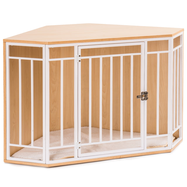 Corner Dog Crate with Cushion, Dog Kennel with Wood and Mesh, Doghouse, Pet Crate Indoor Use