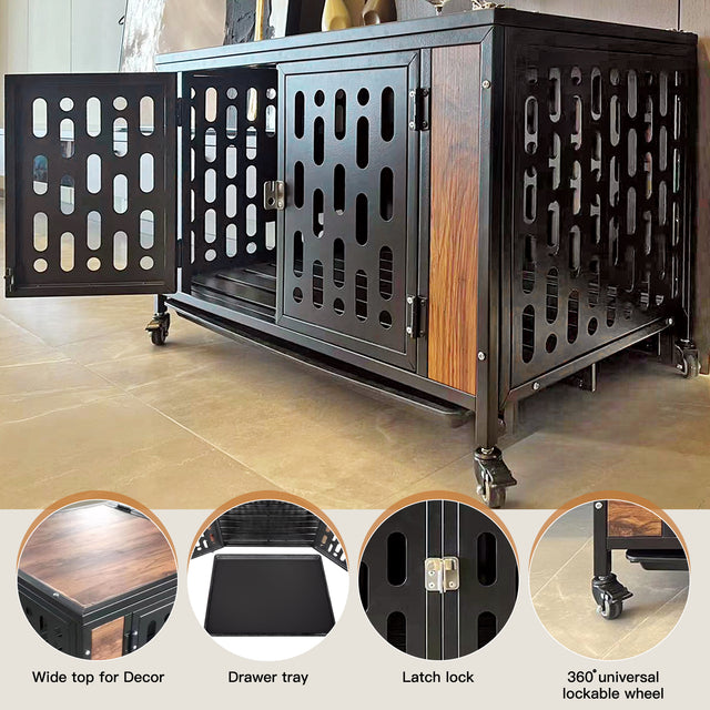 Dog Crate End Table with Cushion and Hooks,  Furniture Style Mesh Pet Kennels, Dog House Indoor Use