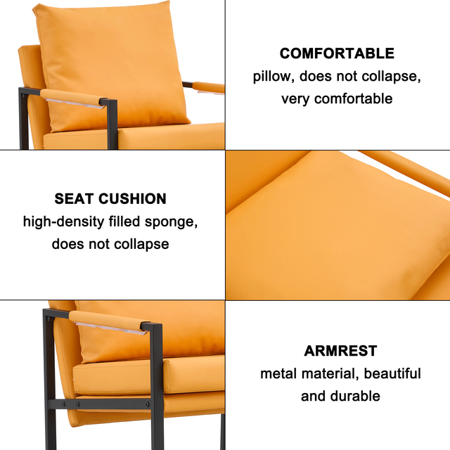 PU Leather Accent Arm Chair Mid Century Modern Upholstered Armchair with Metal Frame Extra-Thick Padded Backrest and Seat Cushion Sofa Chairs for Living Room ( orange PU Leather + Metal Frame + Foam)