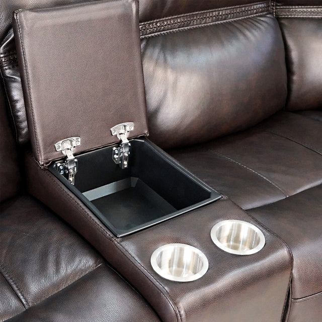 Timo Top Grain Leather Power Reclining Loveseat With Console | Adjustable Headrest | Storage | Steel Cup Holders | Cross Stitching