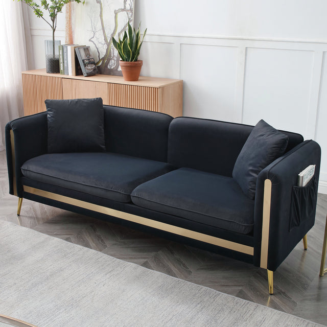 77.2” Modern Upholstered Velvet Sofa 3 Seater Couch with Removable Cushions Side Pocket Mid-Century Tufted Living Room Set Gold Metal Legs,2 Pillows Included,Black