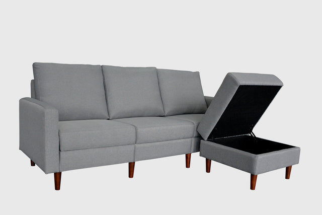 Redde Boo modern light gray fabric L shaped sofa, full K/D 3 seater sofa and stool with storage for living room sofa set