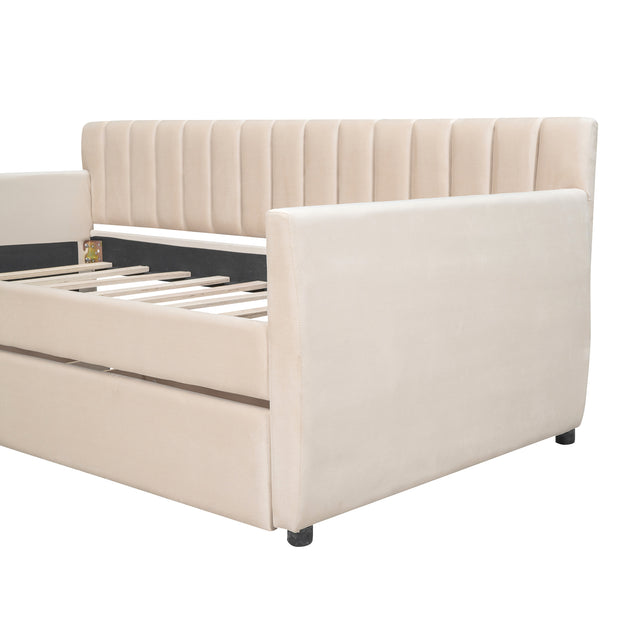 Twin Size Upholstered daybed with Drawers, Wood Slat Support, Beige