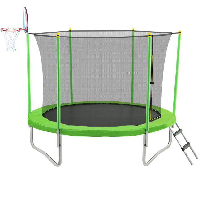 10FT Trampoline for Kids with Safety Enclosure Net, Basketball Hoop and Ladder, Easy Assembly Round Outdoor Recreational Trampoline