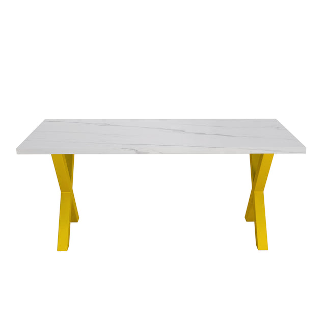 70.87"Modern Square Dining Table with Printed White Marble Table Top+Gold X-Shape Table Leg