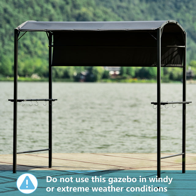 TOPMAX Outdoor 7Ft.Wx4.5Ft.L Iron Double Tiered Backyard Patio BBQ Grill Gazebo with Side Awning, Bar Counters and Hooks, Gray