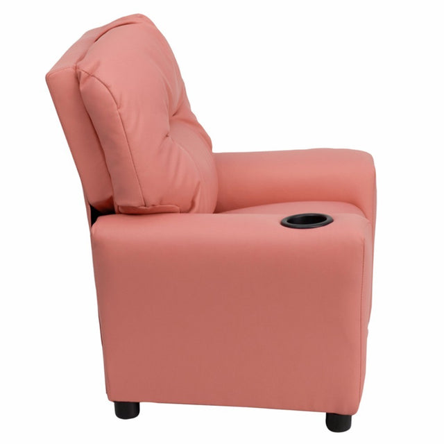 Contemporary Pink Vinyl Kids Recliner with Cup Holder