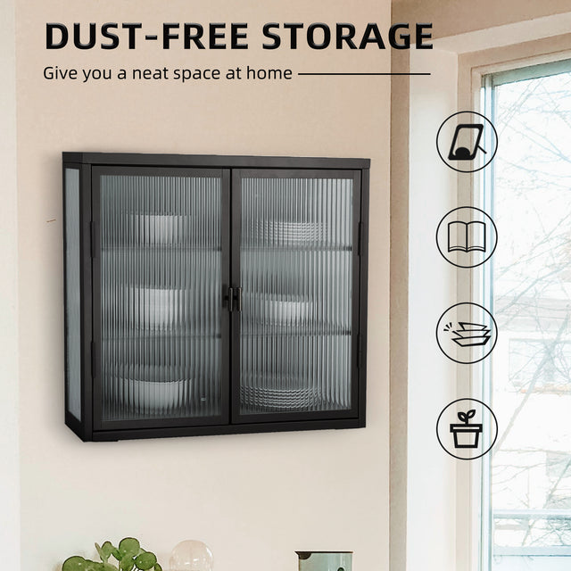 Retro Style  Haze Double Glass Door Wall Cabinet With Detachable Shelves for Office, Dining Room,Living Room, Kitchen and Bathroom Black