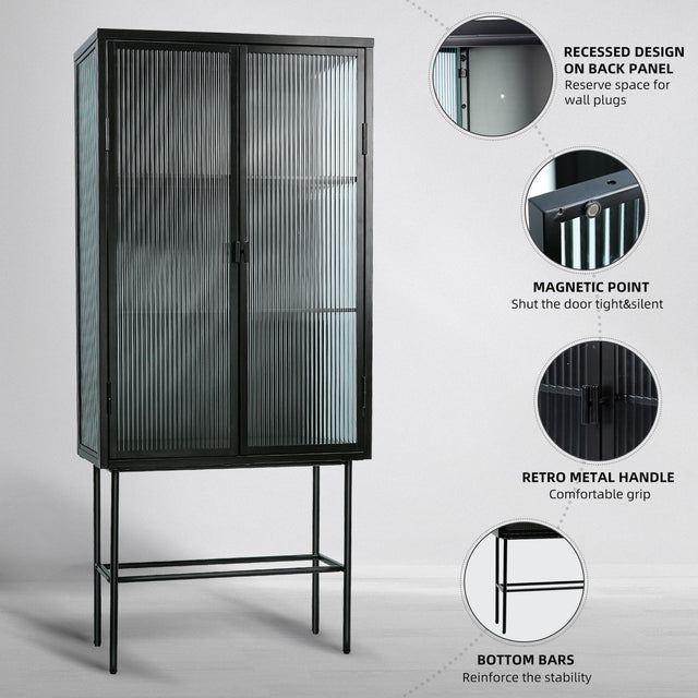 Retro Style Fluted Glass High Cabinet Storage Dual Doors Three Detachable Wide Shelves Enclosed Dust-free Storage for Living Room Bathroom Dining Room Kitchen Room Entryway,BLACK (OLD SKU:W68734128)