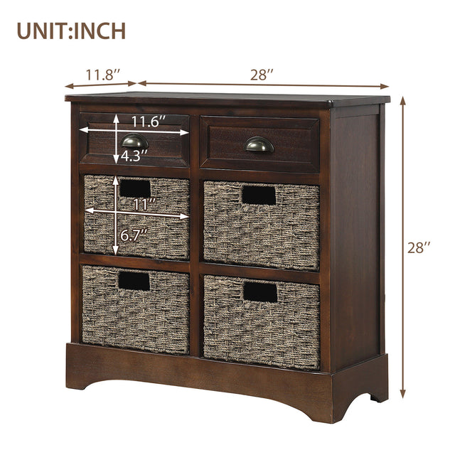 TREXM Rustic Storage Cabinet with Two Drawers and Four Classic Rattan Basket for Dining Room/Living Room (Espresso)