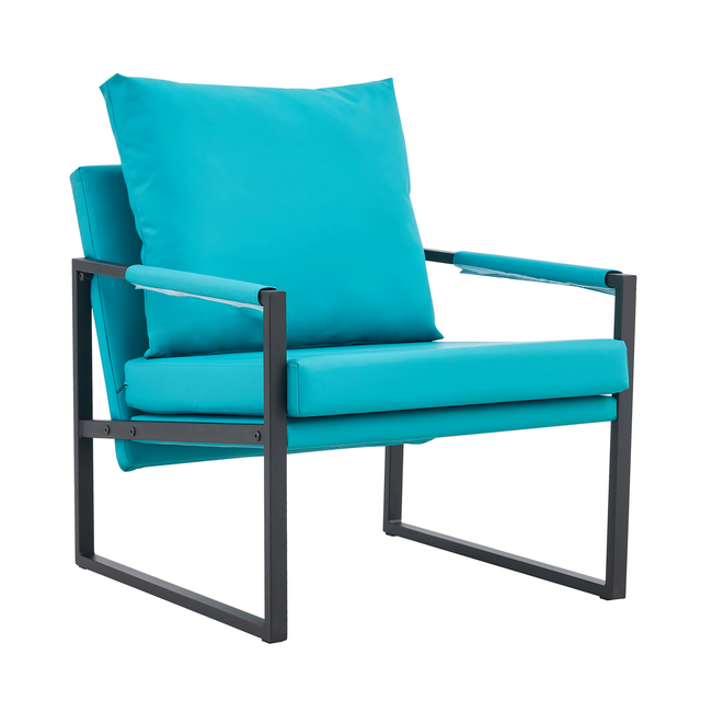PU Leather Accent Arm Chair Mid Century Modern Upholstered Armchair with Metal Frame Extra-Thick Padded Backrest and Seat Cushion Sofa Chairs for Living Room ( Cyan PU Leather + Metal + Foam )