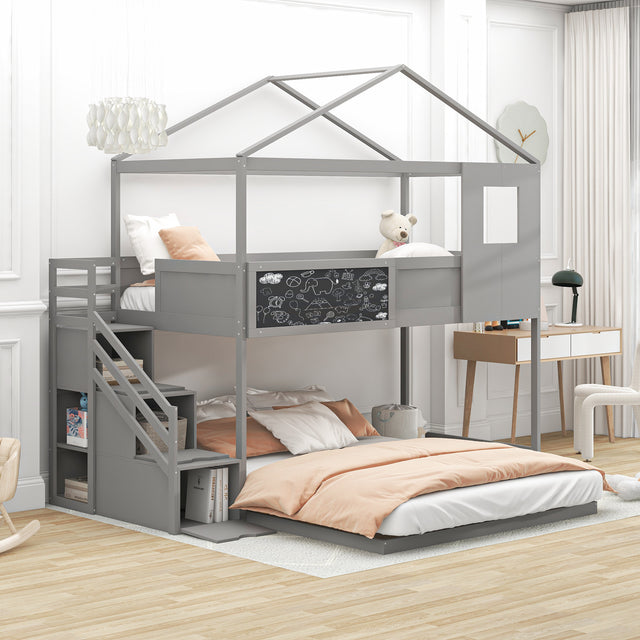 Twin over Full House Bunk Bed with Storage Staircase and Blackboard,Grey