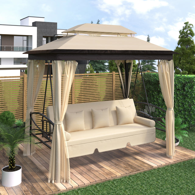 [VIDEO provided] U_STYLE 8.9 Ft. W x 5.9 Ft. D Outdoor Gazebo with Convertible Swing Bench, Double Roof Soft Canopy Garden Backyard Gazebo with Mosquito Netting Suitable for Lawn, Garden, Backyard