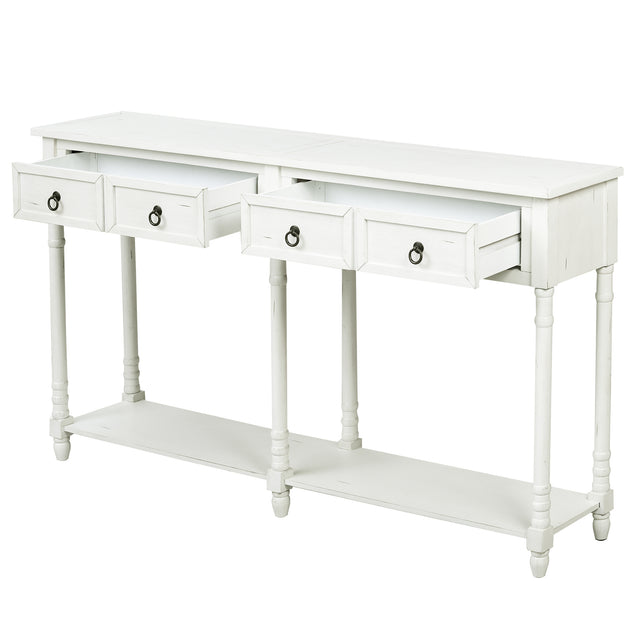 TREXM Console Table Sofa Table with Drawers and Long Shelf Rectangular Living Room Table Solid Wood (Antique White)