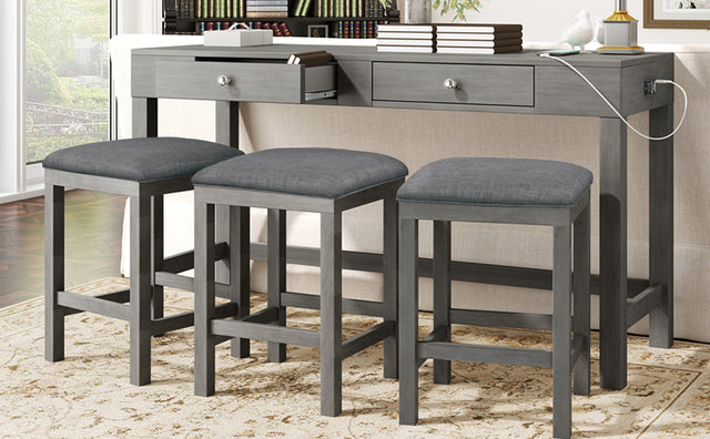 TOPMAX 4-Piece Counter Height Table Set with Socket and Fabric Padded Stools, Gray