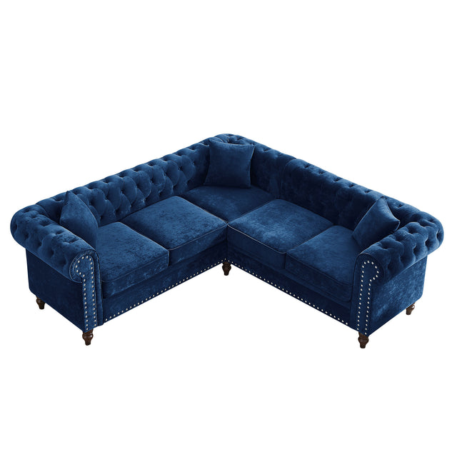 MH 80" Deep Button Tufted Upholstered Roll Arm Luxury Classic Chesterfield L-shaped Sofa 3 Pillows Included, Solid Wood Gourd Legs, Blue velvet