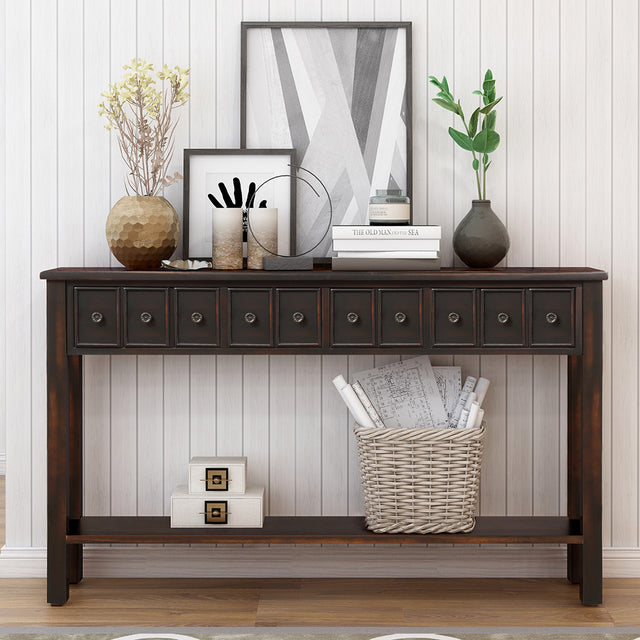 TREXM Rustic Entryway Console Table, 60" Long Sofa Table with two Different Size Drawers and Bottom Shelf for Storage (Black)
