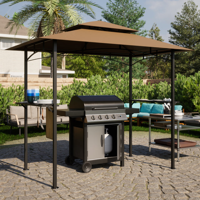 8 x 5 FT Grill Gazebo Grill Canopy Double Tiered BBQ Gazebo Outdoor BBQ Canopy, Khaki