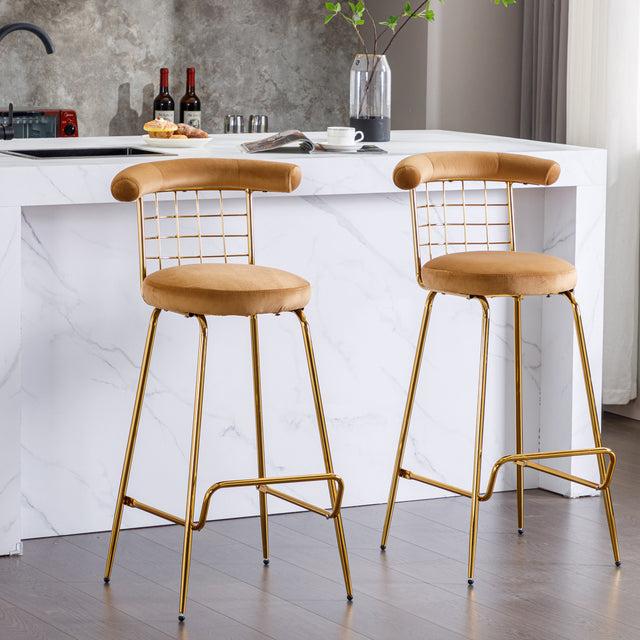 Bar Stool Set of 2, Luxury Velvet  High Bar Stool with Metal Legs and Soft Back, Pub Stool Chairs Armless Modern Kitchen High Dining Chairs with Metal Legs, Camel