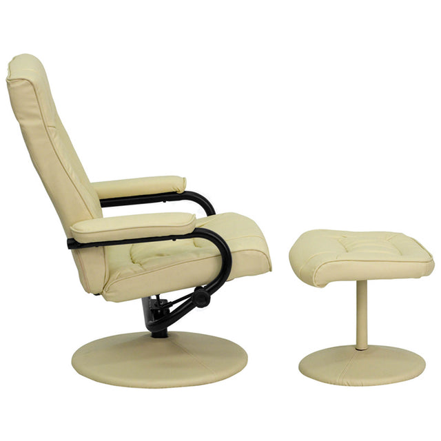 Contemporary Cream Leather Recliner and Ottoman with Leather Wrapped Base