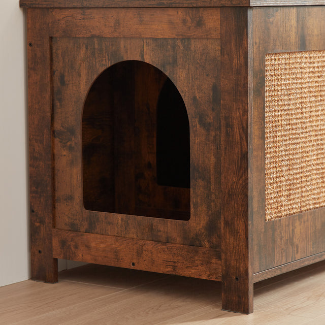 Cat litter box enclosure, cat house with cat scratching post, litter box furniture hidden with removable divider, indoor cat house, end table. Rustic Brown, 31.5'' W x 20.3'' D x 21.3'' H