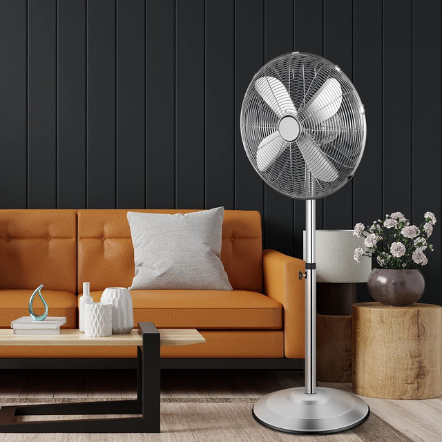 16 Inch Stand Fan, Adjustable Heights, Horizontal Ocillation 75°, 3 Settings Speeds, Low Noise, Quality Made Durable Fan, High Velocity, Heavy Duty Metal For Industrial, Commercial, Residential