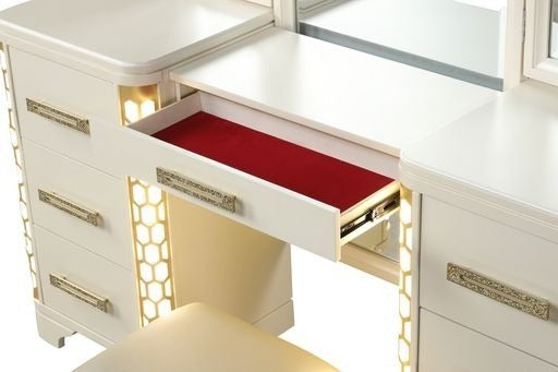 Jasmine King 6 Pc Unique LED Vanity Bedroom Set made with Wood in Beige