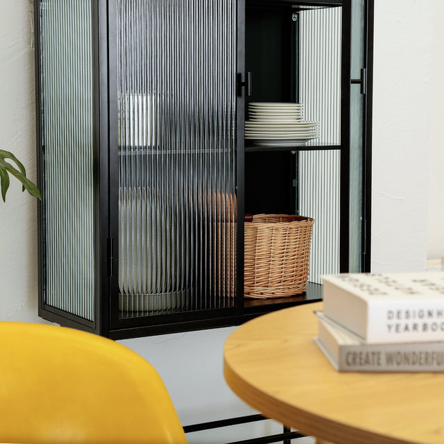 Retro Style Fluted Glass High Cabinet Storage Dual Doors Three Detachable Wide Shelves Enclosed Dust-free Storage for Living Room Bathroom Dining Room Kitchen Room Entryway,BLACK (OLD SKU:W68734128)